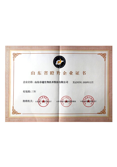 卓越生物2020年省瞪羚企業(yè)證書